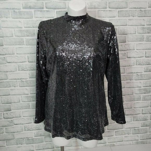 Lane Bryant Plus Size 14‎ Cocktail Party Black Sequin Mock Neck Long Sleeve Top - Picture 2 of 9